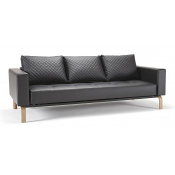 Cassius Quilt Deluxe Full Size Sofa Bed, 582 Leather Look Black PU + Oak Legs