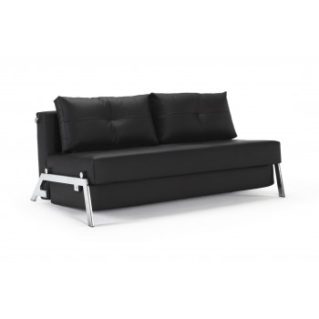 Cubed Deluxe Full Size Sofa Bed, 582 Leather Look Black PU + Chromed Legs