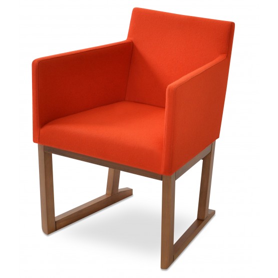 Harput Sled Wood Arm Chair, Solid Beech Walnut Finish, Orange Camira Wool photo