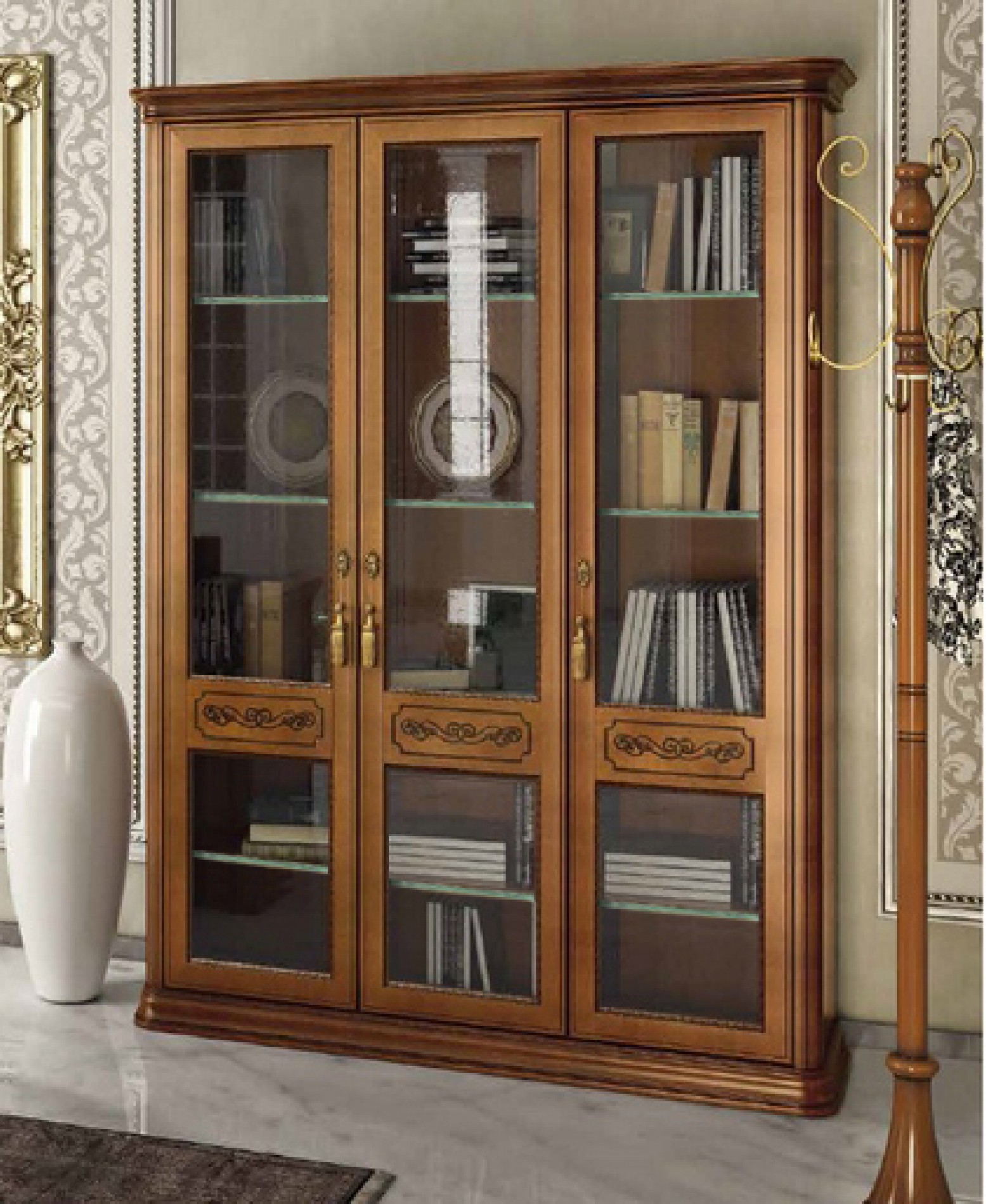 Torriani 3 Door Bookcase W Glass Doors Glass Shelves Walnut Buy