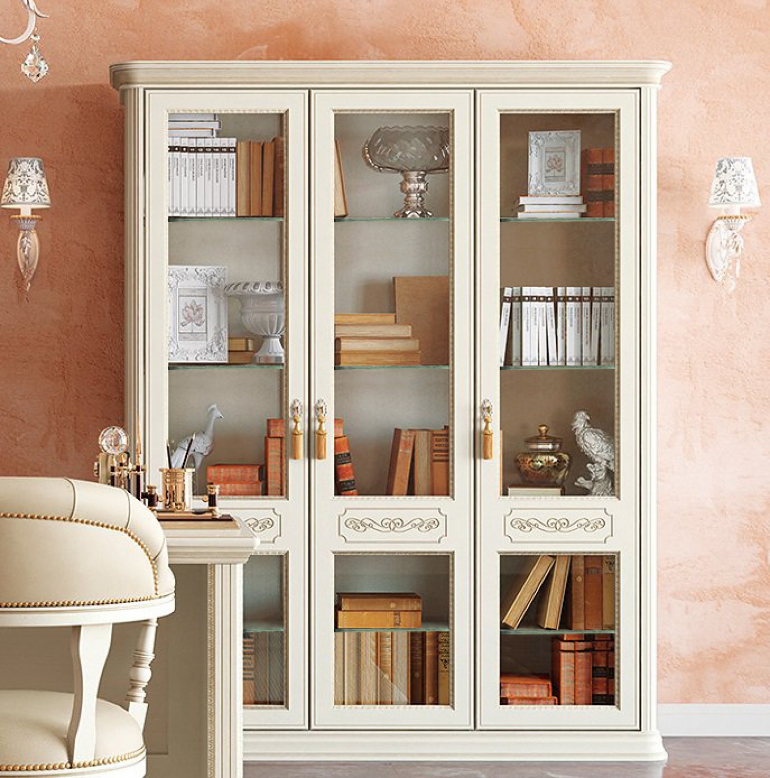 Torriani 3 Door Bookcase W Glass Doors Glass Shelves Ivory Buy
